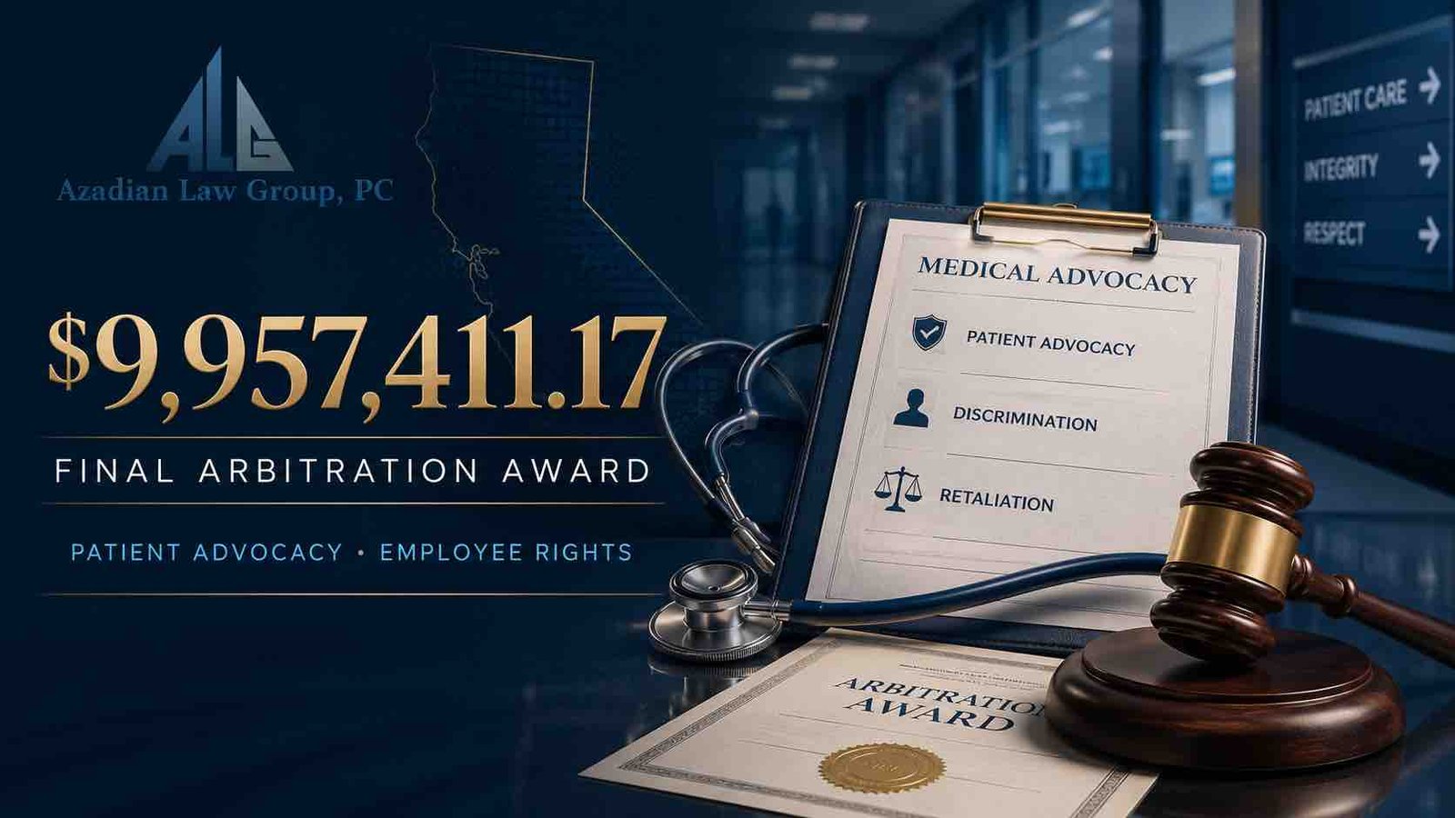 Editorial illustration of a physician advocacy case, arbitration award, and California employment-law result
