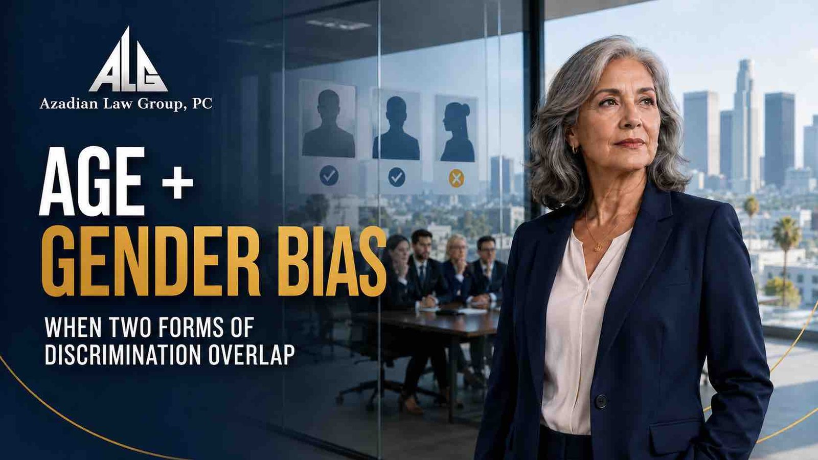 Older professional woman facing age and gender bias in a Los Angeles workplace
