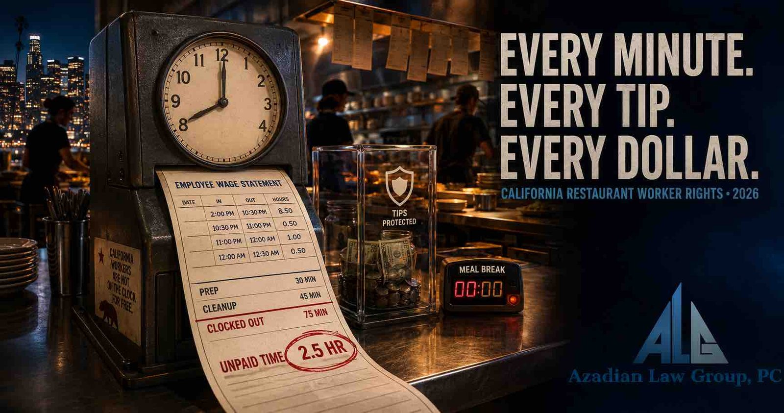 California restaurant worker pay rights represented by a time clock, wage statement, protected tips and unpaid preparation and cleanup time.