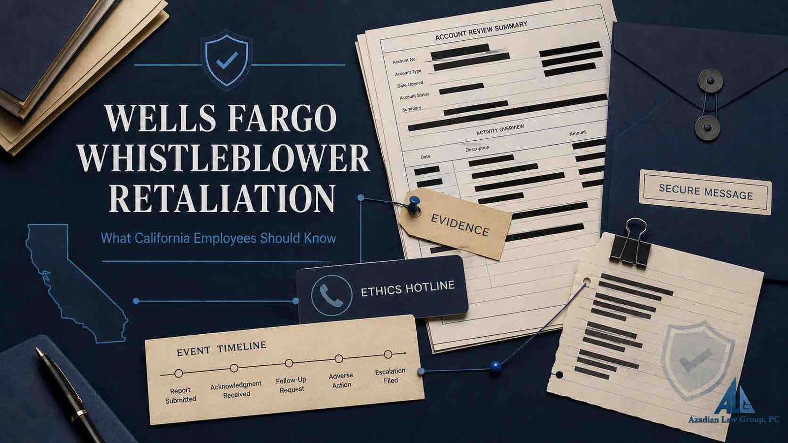 Bank employee reviewing compliance records after reporting suspected misconduct with Azadian Law Group branding