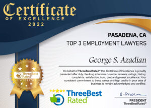 PASADENA EMPLOYMENT LAWYER 3 BEST CERTIFICATE OF EXCELLENCE