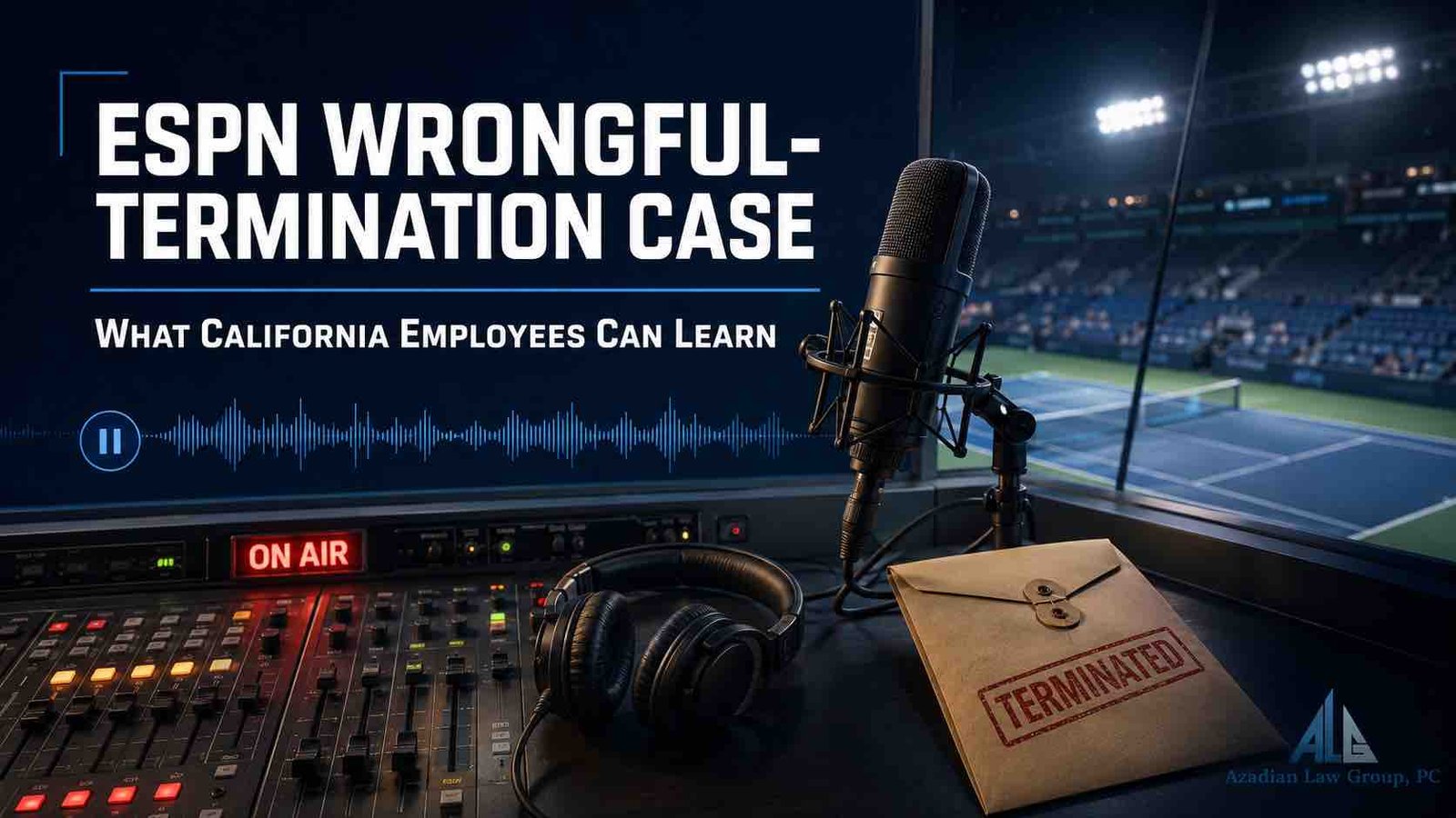 Sports commentator reviewing a termination notice after an on-air controversy with Azadian Law Group branding