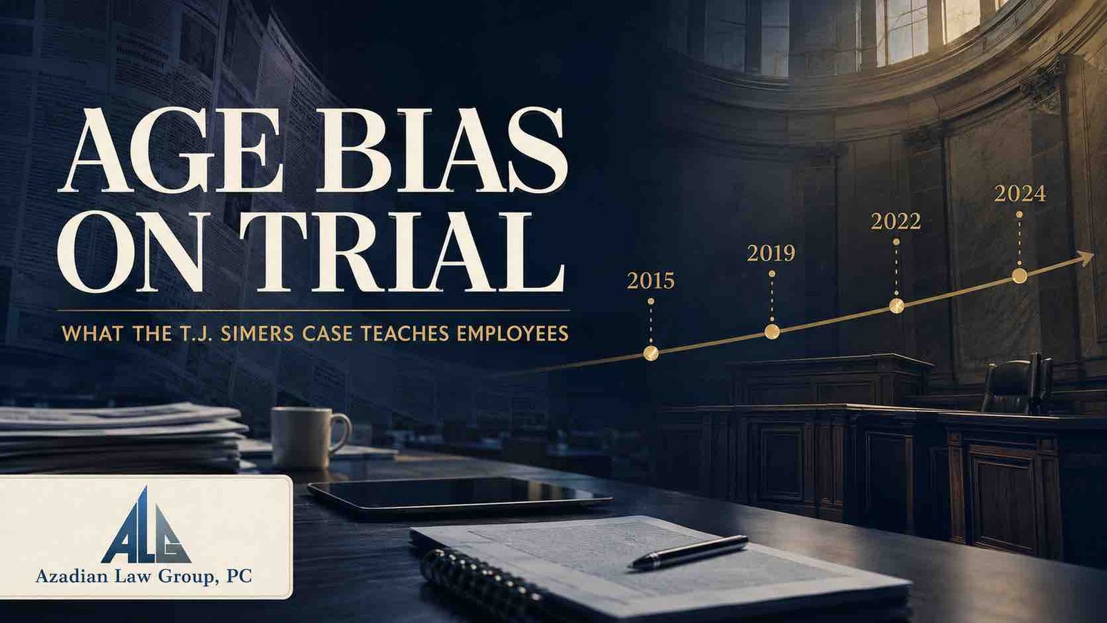 Editorial case timeline illustrating the T.J. Simers age discrimination case from 2015 to 2024