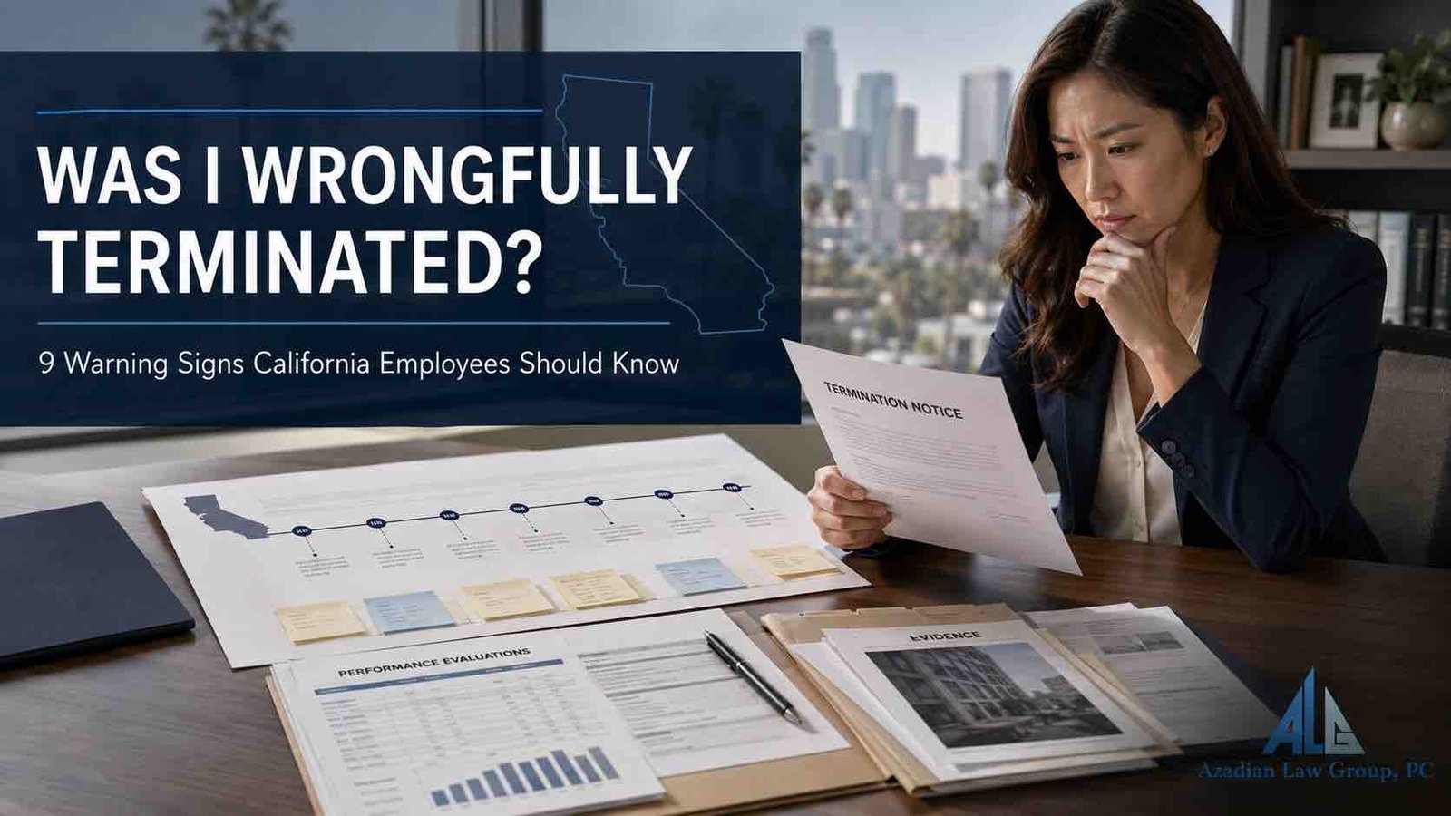 California employee reviewing warning signs of wrongful termination with Azadian Law Group branding