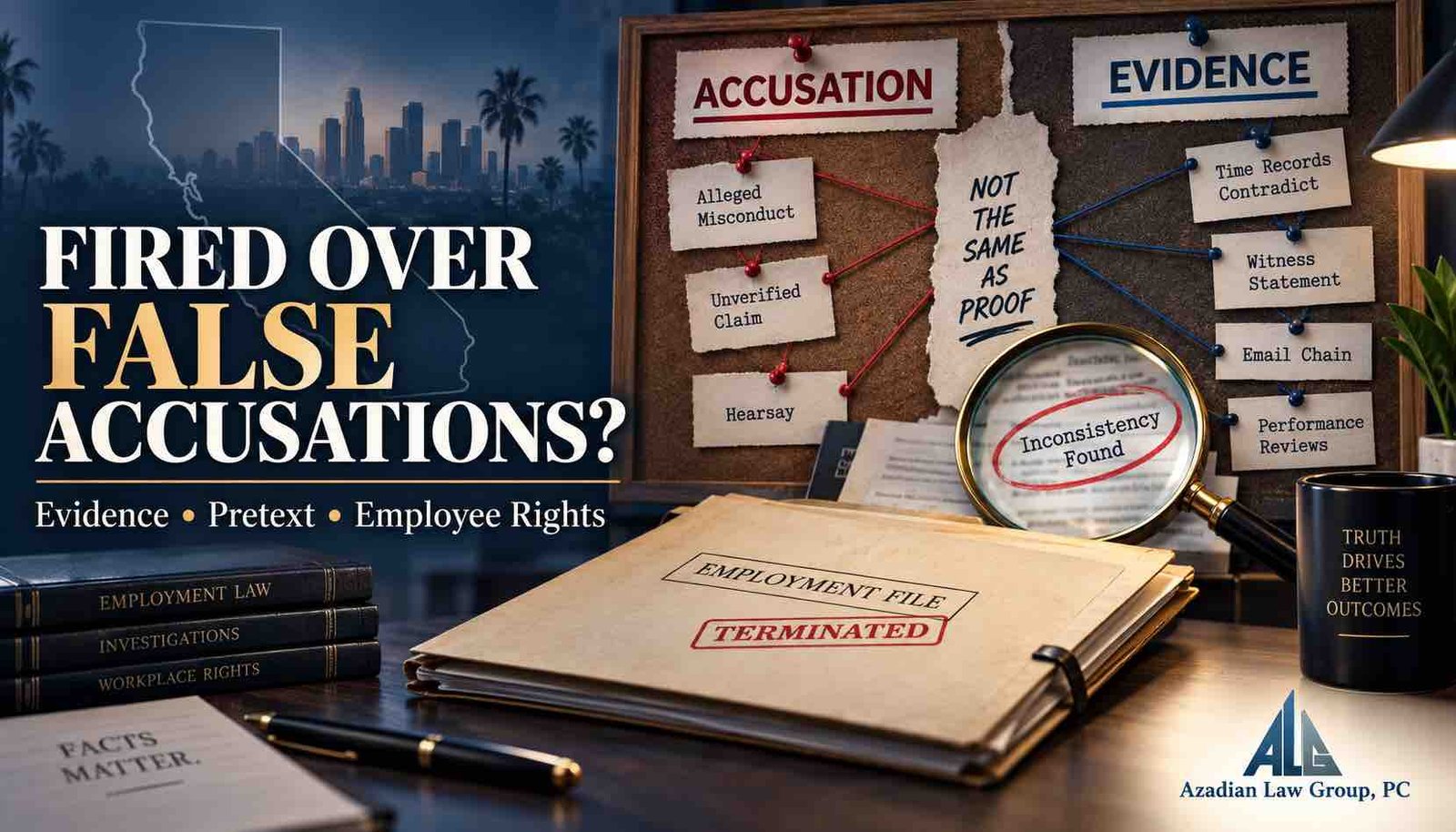Investigation board contrasting a workplace accusation with evidence after a California termination