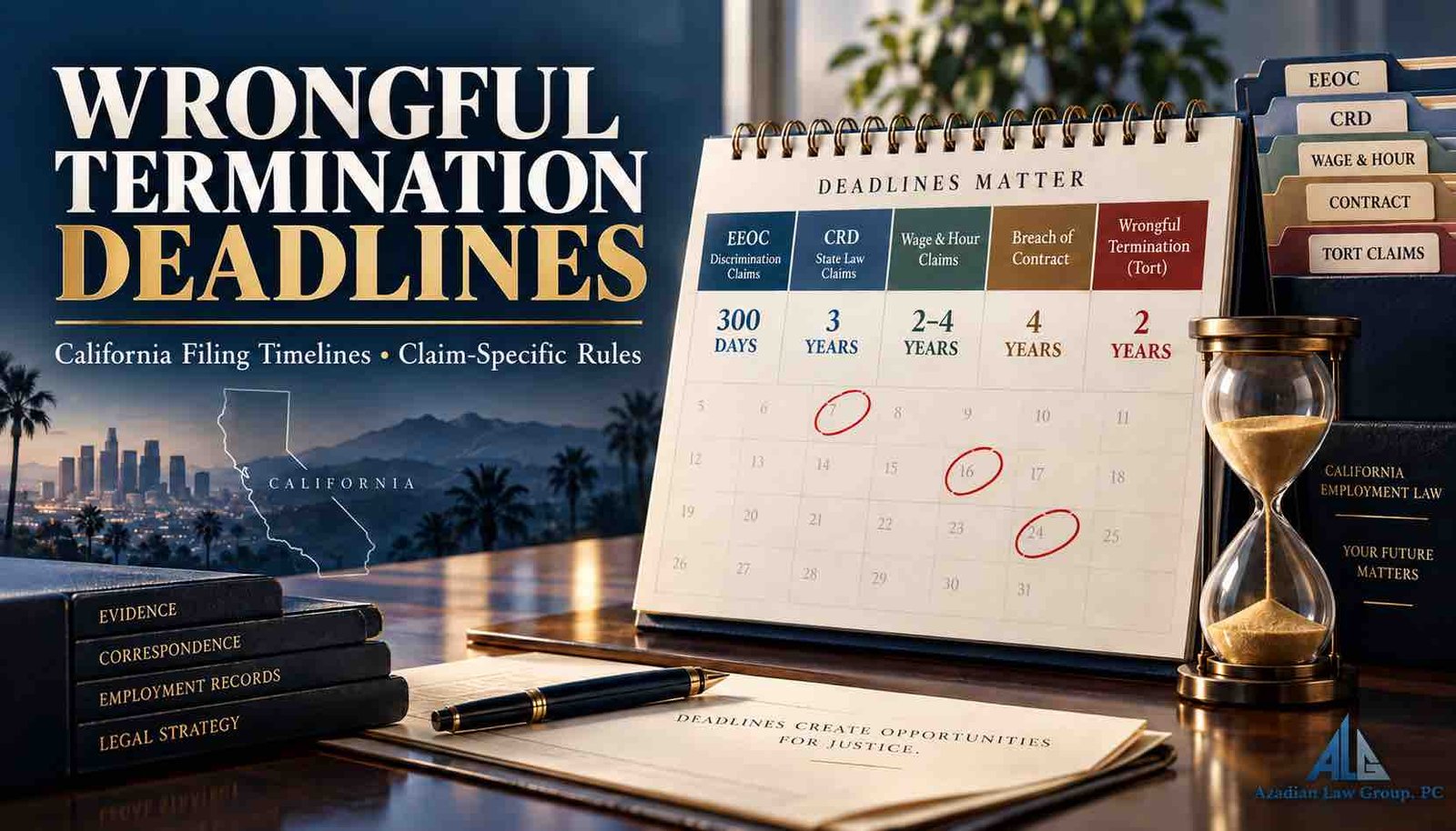 Calendar and hourglass illustrating claim-specific California wrongful termination filing deadlines