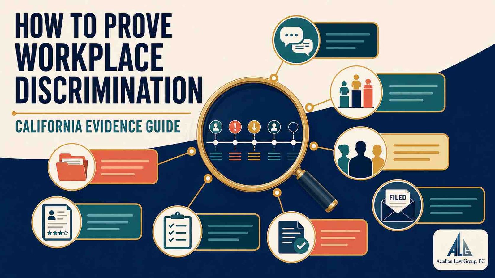 How to prove workplace discrimination in California evidence checklist infographic