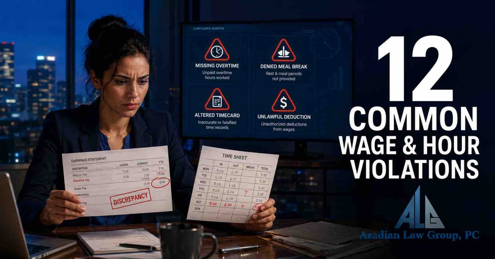 Employee reviewing 12 common wage and hour violations in California – Azadian Law Group, PC