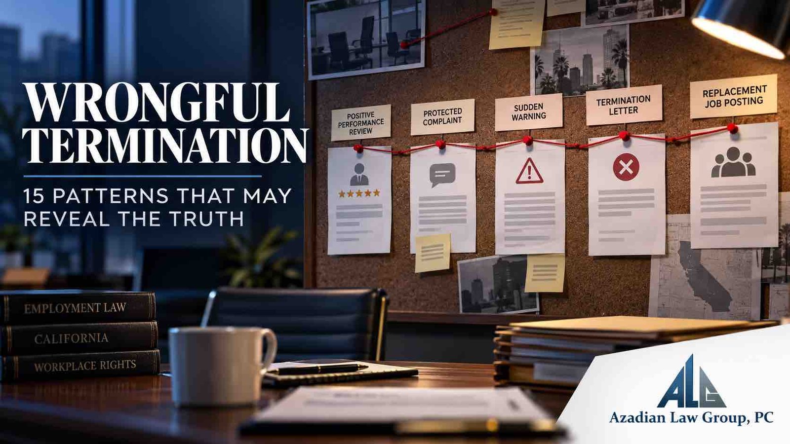 Wrongful termination evidence timeline showing a complaint, sudden warning, termination and replacement job posting