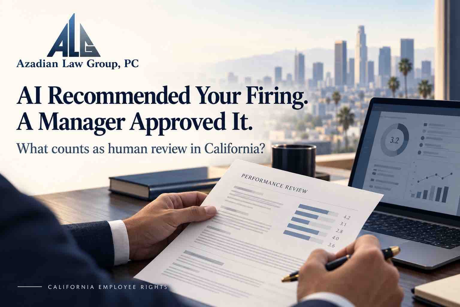 A person reviews a printed performance report beside a laptop dashboard, with the Los Angeles skyline behind them.