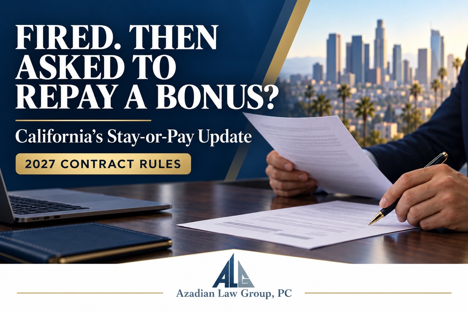 Hands reviewing separation documents beside a bonus-repayment headline, Los Angeles skyline, and Azadian Law Group logo.