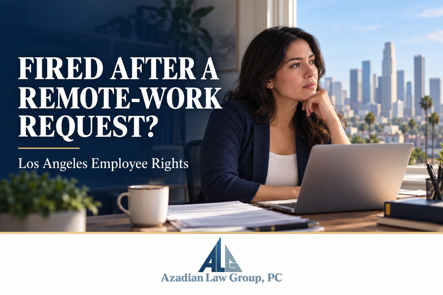 Employee at a laptop overlooking Los Angeles, with a remote-work firing headline and Azadian Law Group logo.