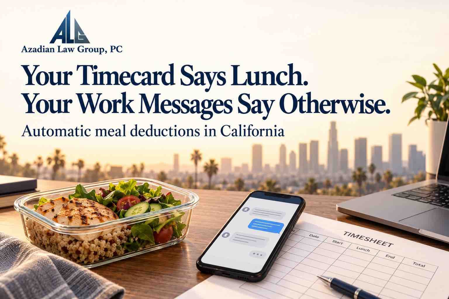 Editorial illustration of a lunch container, work messages and a timesheet on an office desk, highlighting automatic meal deductions in California.